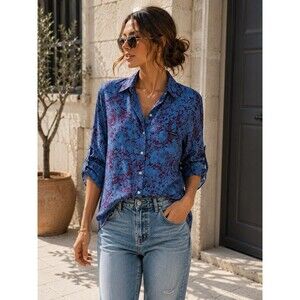 Calvin Klein Jeans Tencel Button Up Shirt Blue Burgundy Snake Print S Soft